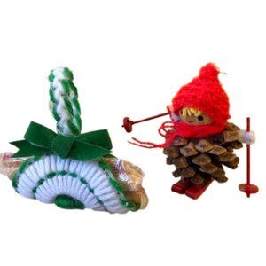 Vintage Christmas Ornaments Handmade Pine-Cone Skier + Yarn Log Carrier Lot 2